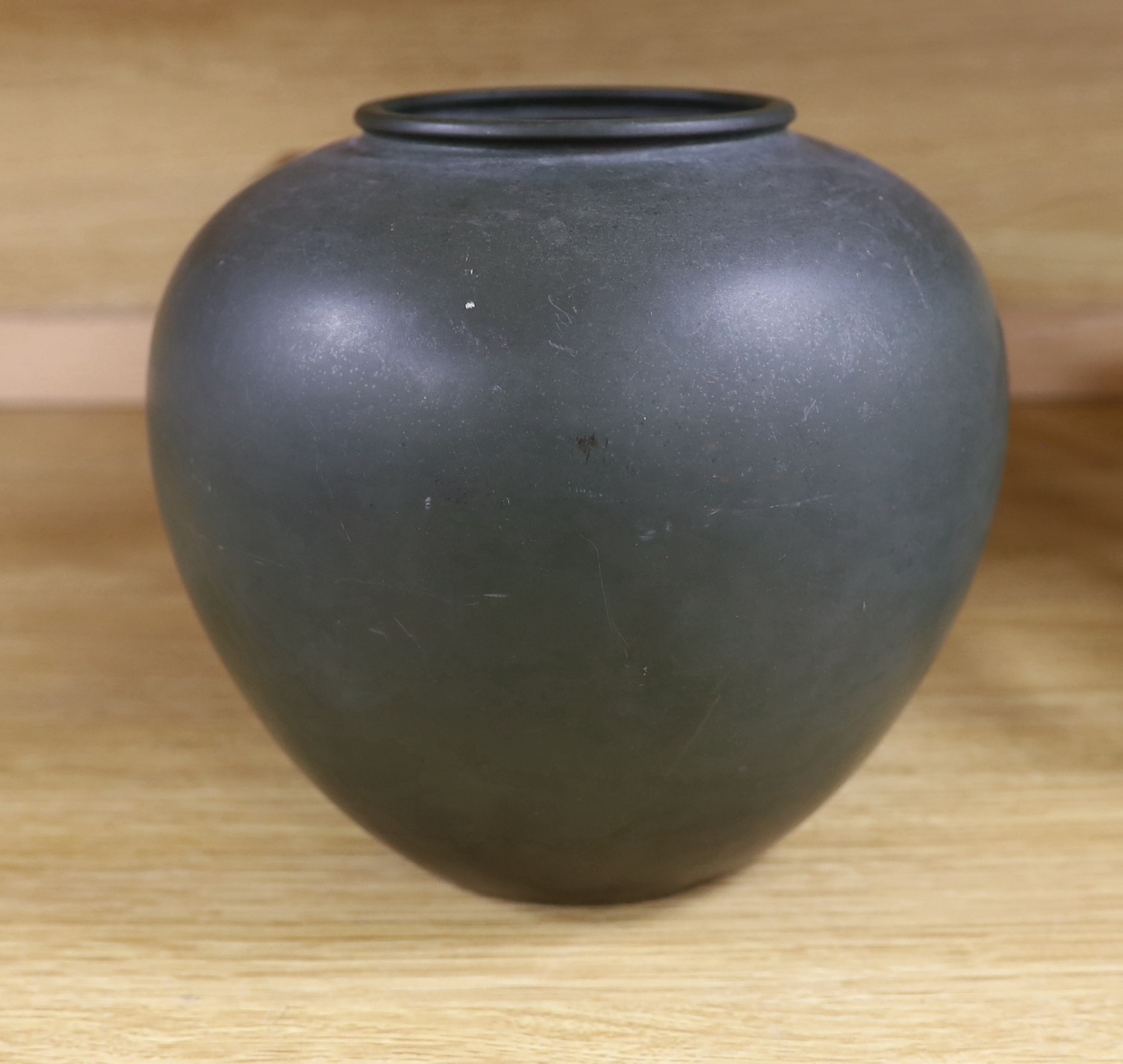 A Japanese bronze jar, a box and two stacking containers, vase 20cm high